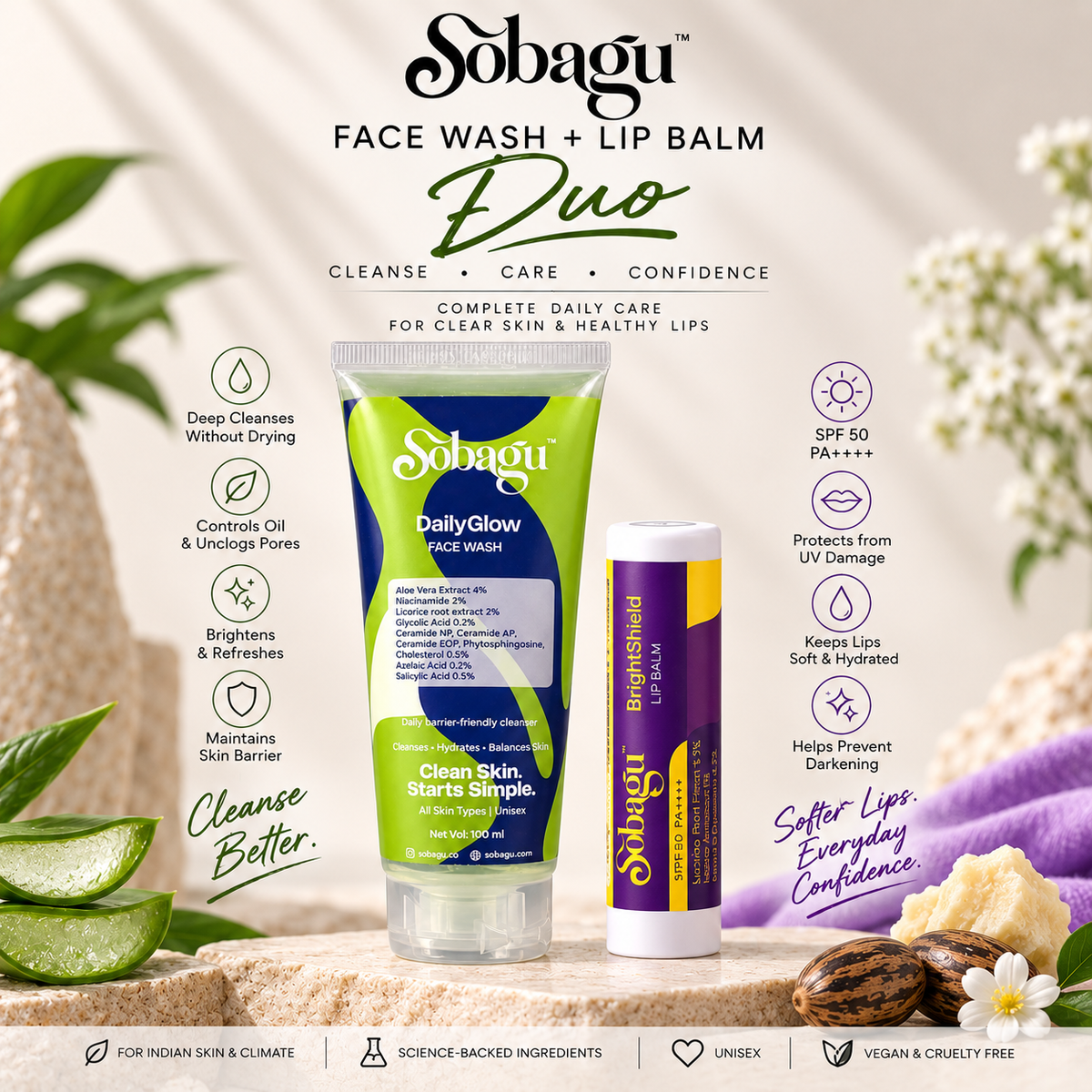 Sobagu Lip Balm + Face Wash Dual Combo